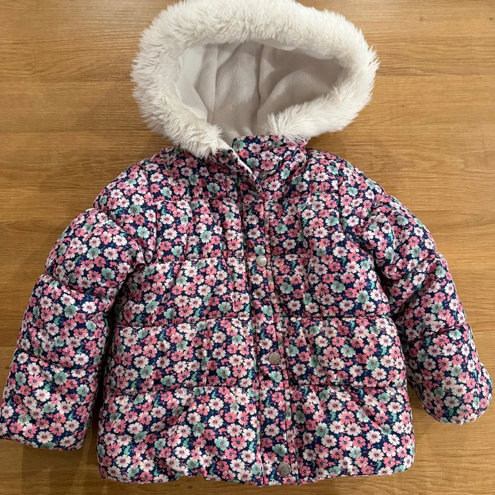 Carter's Girls 4T Floral Puffer Jacket Pink Blue Hooded Fleece Lined Winter Coat